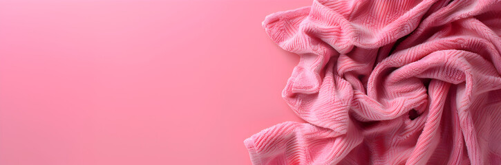 Soft fleece blanket web banner. Fleece blanket isolated on pink background with copy space.