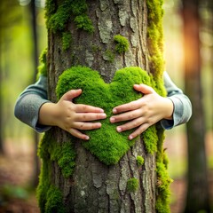 Nature lover, close up of child hands hugging a tree. Nature lover, close up of child hands hugging tree with heart shaped moss