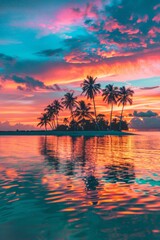 Obraz premium A panorama of a tropical island at sunset, capturing fiery colors painting the sky, palm trees silhouetted against the horizon