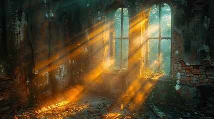 sunlight shining through the window of an old ruined building
