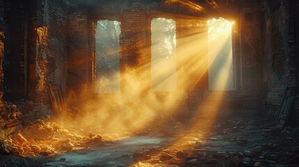 sunlight shining through the ruins of a building