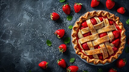   A pie atop the table, alongside strawberries; another piece of pie there as well