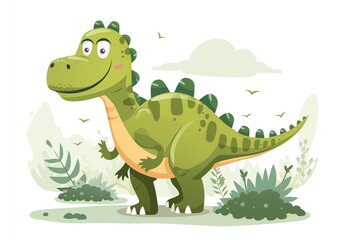 Fototapeta premium Friendly Cartoon Dinosaur in Lush Prehistoric Landscape Illustration for Kids