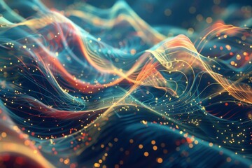 Abstract visualization of network traffic, swirling shapes and colors representing data packets flowing to the cloud