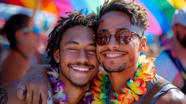 Two men in Hawaiian attire, smiling at a festival, AI-generated.