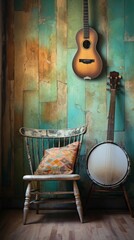 A rustic banjo resting against a worn wooden chair in a cozy music room essential - obrazy, fototapety, plakaty