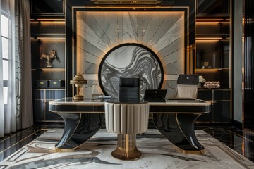 a black and gold office with a round mirror
