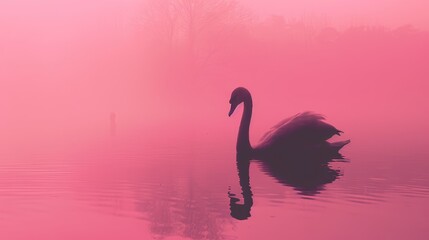 Fototapeta premium A black swan floats atop a tranquil pink-fogged lake, backdrop includes a figure in the distance