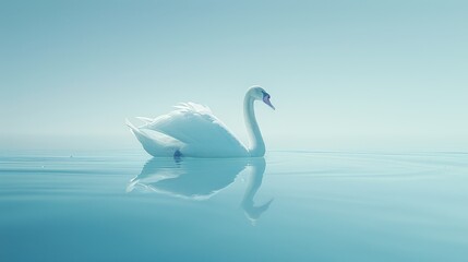   A white swan floats atop a tranquil lake, surrounded by a shoreline The backdrop is a clear, blue sky