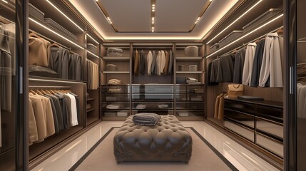 A Well-Organized Modern Walk-in Closet With An Ottoman.