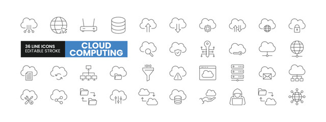Set of 36 Cloud Computing line icons set. Cloud Computing outline icons with editable stroke collection. Includes Cloud Computing, Download, Upload, Server, Database, and More.