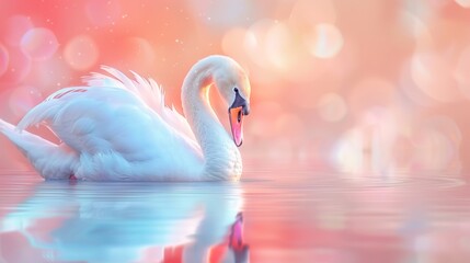   A white swan floats on tranquil water against a backdrop of red and pink hues, subtly blurred