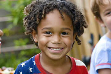 A happy American boy wearing a patriotic shirt at a Fourth of July celebration.