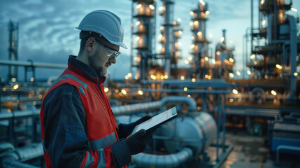 An engineer dressed in safety gear uses a digital tablet to monitor operations at a large oil refinery during the evening.