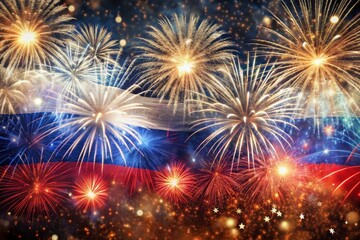 Fototapeta premium Russia. Moscow. The national flag of the Russian Federation on the background of fireworks. The Russian tricolor. Russia Day is celebrated on June 12.