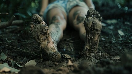 Fototapeta premium Person Laying Down in Dirt With Mud-Covered Feet