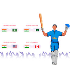 Cricket Match India's Fixtures Schedule with Indian Batter Player Character Posing Batting and Helmet, Social Media Poster Design.