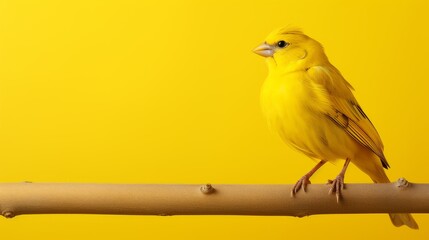 A vibrant yellow bird perched gracefully on a branch set against a matching yellow background