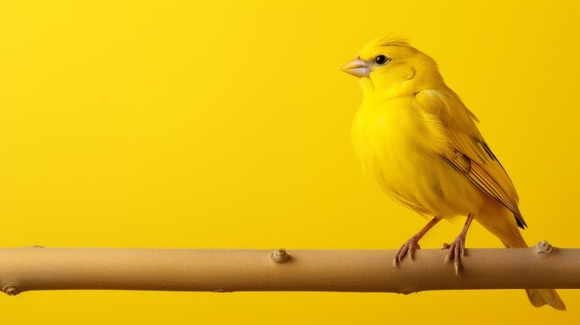 A vibrant yellow bird perched gracefully on a branch set against a matching yellow background