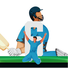 Cricket poster design with India batting and bowler player character, six number on stadium.