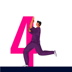Cricket match poster design with Scotland Bowling player character against 4 number text background.