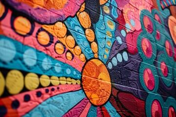 Close-up of a vibrant mural on a city building, capturing its intricate details and textures