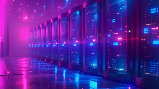 A row of server racks in a data center with a blue and purple neon glow.