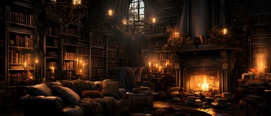 3D rendering of a medieval castle interior with a fireplace and books