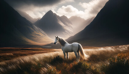 a majestic white horse standing in a wild, grassy field with dramatic mountains in the background - Powered by Adobe