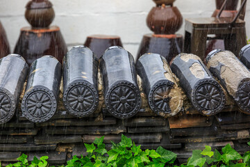 the scenery of the park's walking paths in the spring with trees and flowers wet in the rain