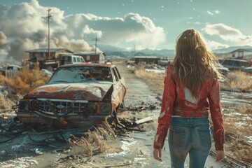 a woman in a red jacket is walking down a dirt road next to a broken down car - Powered by Adobe