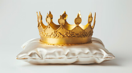 a simple gold crown resting on a satin pillow against a stark white background, symbolizing leadership and success at the highest levels