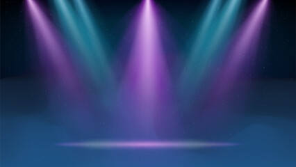 Pink blue purple spotlight backdrop. Illuminated stage with blue fog, smoke. Background for displaying products. Bright beams of spotlights, haze, particles, a spot of light. Vector illustration