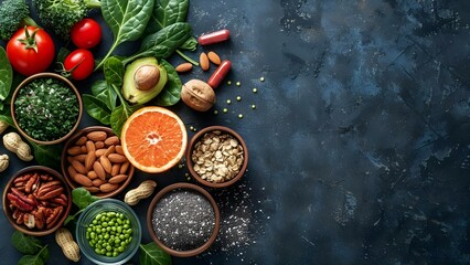 Nourishing Health Foods: Greens, Fruits, Nuts, Seeds, and Supplements for Wellness. Concept Healthy Eating, Superfoods, Nutrient-rich meals, Balanced Diet, Wellness supplements