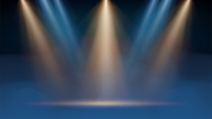 Golden, blue spotlight backdrop. Illuminated stage with blue fog, smoke. Background for displaying products. Bright beams of spotlights, haze, particles, a spot of light. Vector illustration