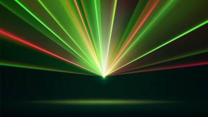 Laser light show. Bright led laser beams, dj light party. Green illuminated stage, red led strobe lights. Background, backdrop for displaying products. Vector illustration