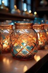 Candles in a glass jar in the interior of a restaurant.