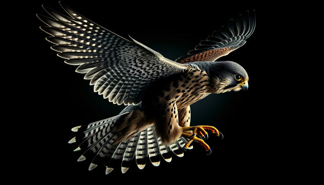 a peregrine falcon in flight against a dark background