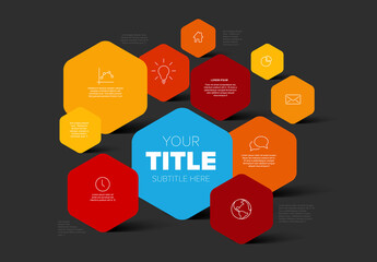 Multipurpose infochart template with red and orange hexagons and place for the content on dark background