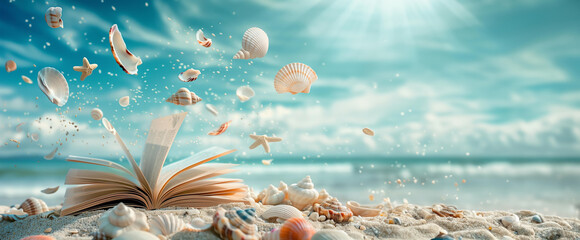 open book with pages floating in the air, surrounded by seashells and sand under a blue sky, beach read, literature concept