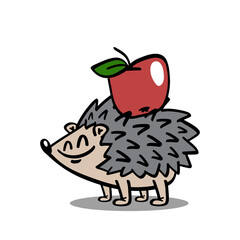 Cute and happy hedgehog character cartoon with red apple. Vector illustration isolated on white.