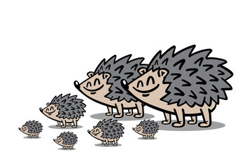 Happy and cute hedgehog Family. Mother and Father hedgehog with little babies. Vector cartoon illustration isolated on white.