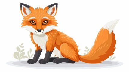 Fototapeta premium A red fox gazes at the camera with an alert expression, seated on the ground Behind it, a plant adds natural backdrop detail
