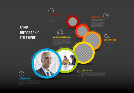 Infographic dark layout multipurpose template with photo placeholders icons and descriptions