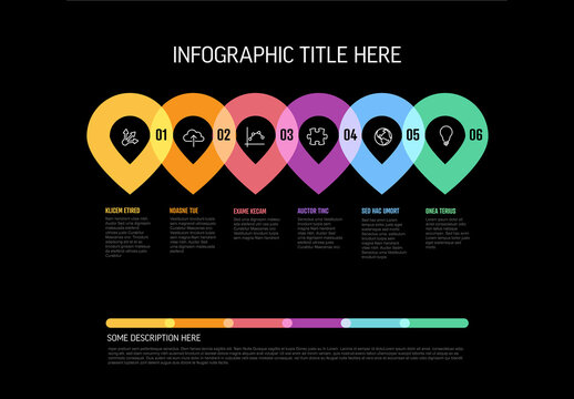 Horizontal six elements pin pointer steps infographic template with big icons and descriptions on black