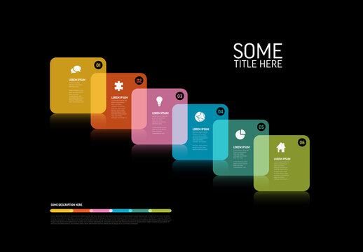 Six big semi transparent rounded rainbow square blocks for six steps infographic template on black background