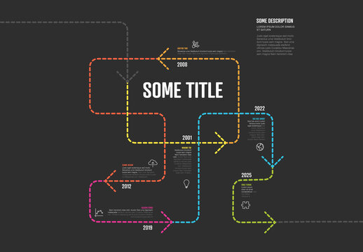 Infographic tangle dotted timeline template made of thin arrows on color line with dark background