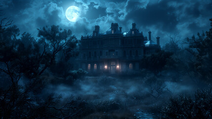 Fototapeta premium A haunted mansion engulfed in swirling mist under a full moon, with shadowy figures creeping around the overgrown garden