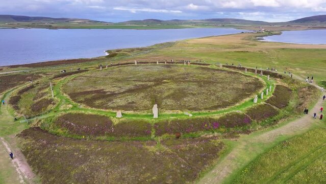 Ring of Brodgar, Mainland Island, Orkney Scotland UK. Aerial View of Mystical Prehistoric Landmark, Drone Shot 60fps