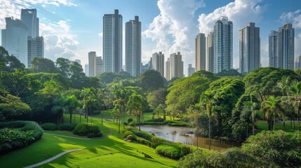 Fototapeta premium Panoramic view of a city park during the vibrant fall season, colorful foliage contrasting with skyscrapers